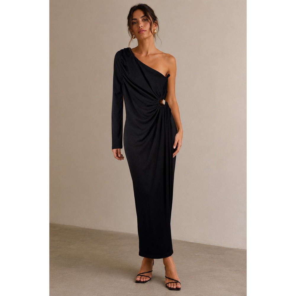 Hello Molly Black One Shoulder Midi Dress Side Cutout Womens US 4 AU 8